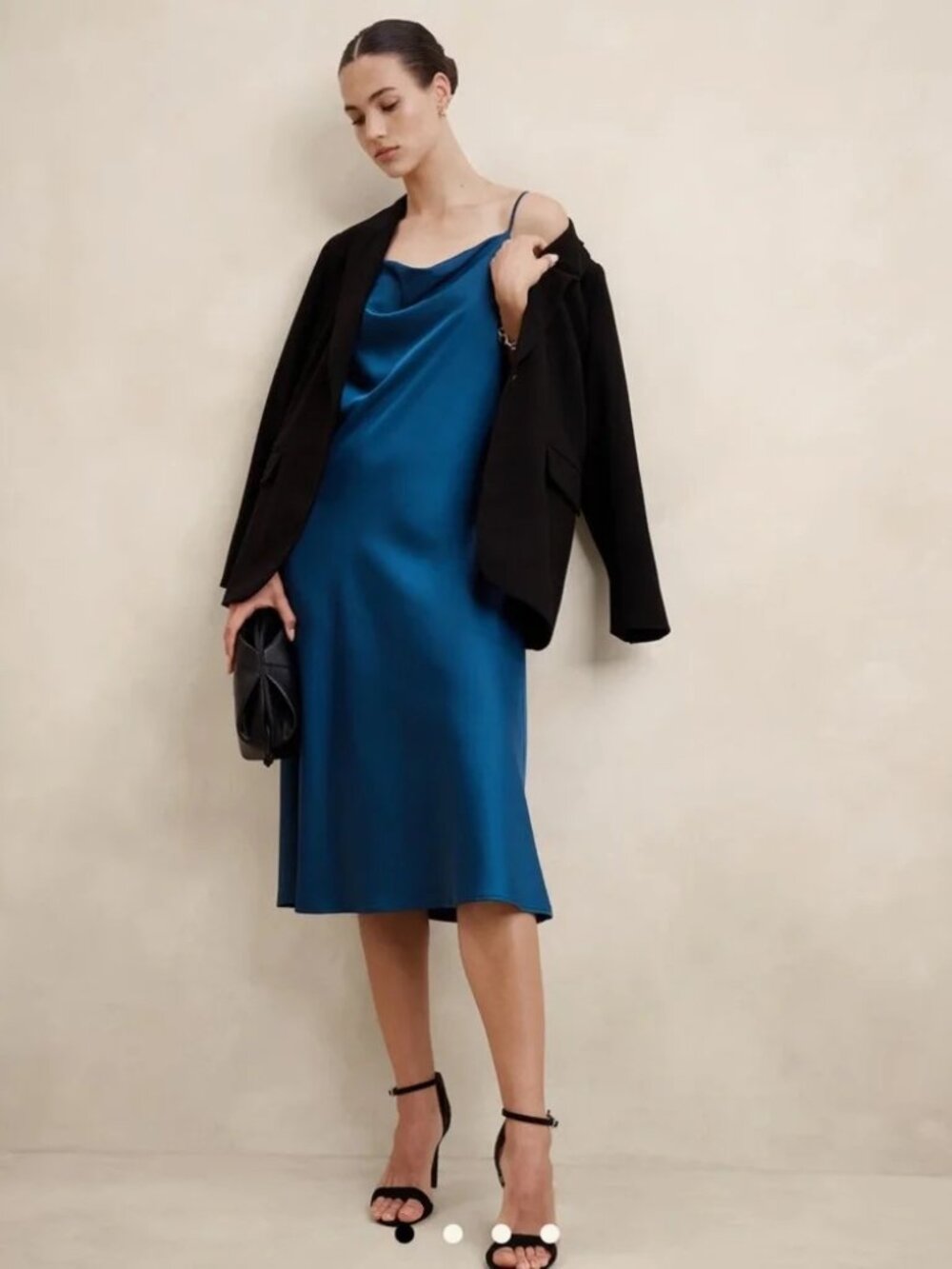 Banana Republic - Navy Satin Midi Slip Dress - Cowl Neck, Spaghetti Strap